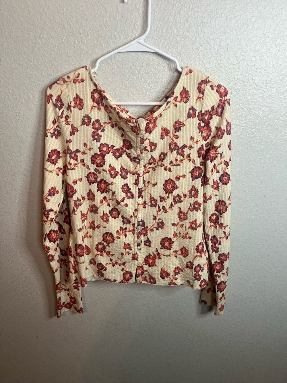 Free People Cream Button-Front Floral Long Sleeve Top with Red Flowers